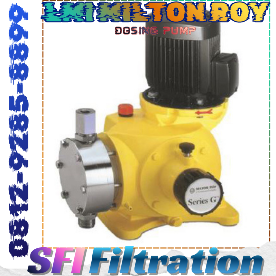 Milton Roy GB0600 adalah pompa dosing mekanik (diaphragm metering pump) dari seri GB yang dirancang untuk aplikasi industri skala besar. Spesifikasi utamanya mencakup: Kapasitas aliran hingga 583 L/jam (≈ 583 LPH) untuk model GB0600. Tekanan kerja maksimum sekitar 7 bar untuk model GB0600. Material bagian liquid‑end utama berupa stainless steel SS316, yang cocok untuk bahan kimia agresif. Tipe penggerak: 3‑phase 220/380 V (opsional) sesuai kebutuhan instalasi industri.