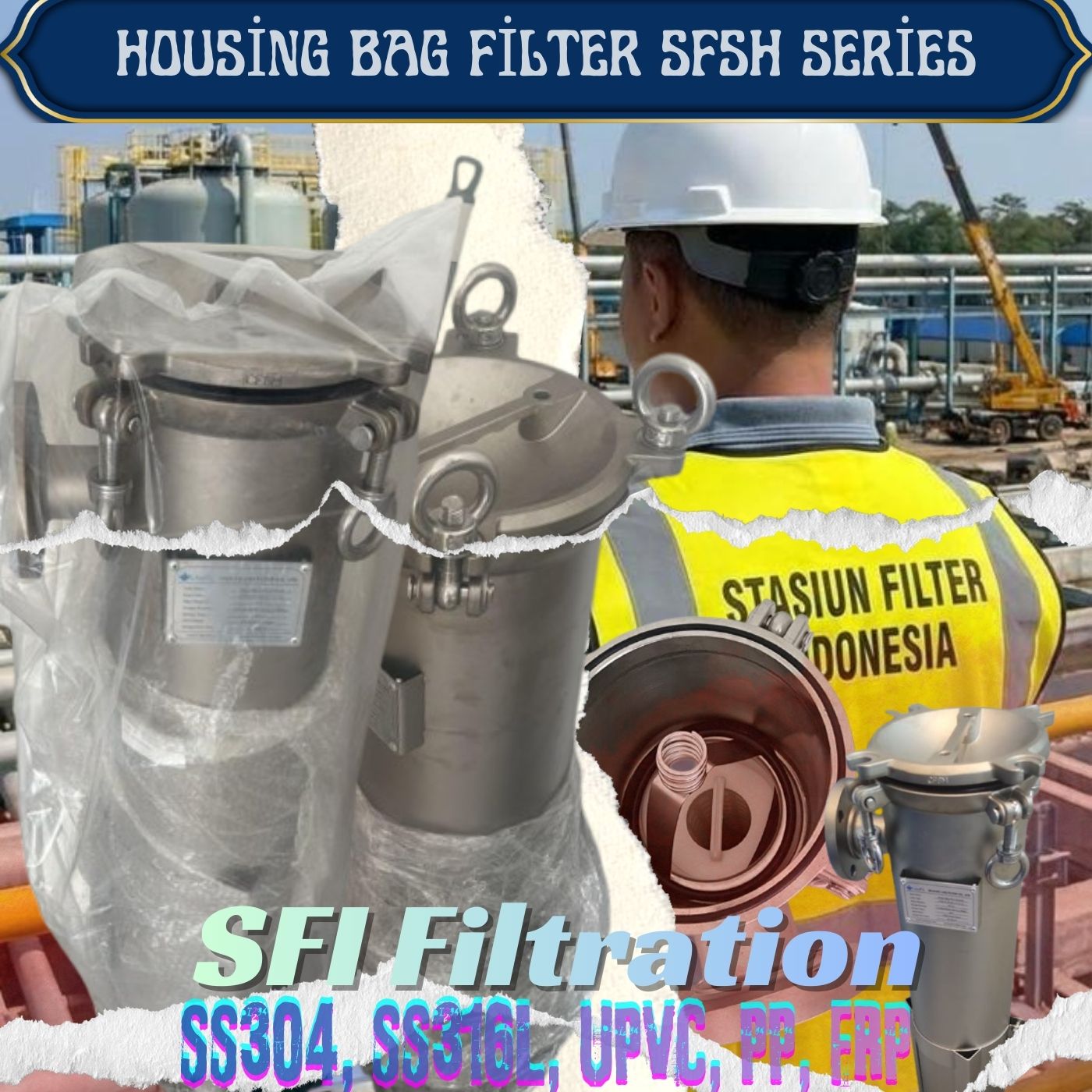 SFSH Series Bag Filter Housing adalah housing filtrasi cairan konvensional untuk aplikasi industri dengan kapasitas flow besar. Digunakan sebagai: Pre-filtration 1–200 micron Pretreatment sebelum cartridge filter Pretreatment sebelum RO system Industrial liquid filtration Housing tersedia dalam konfigurasi Single Bag dan Multi Bag.