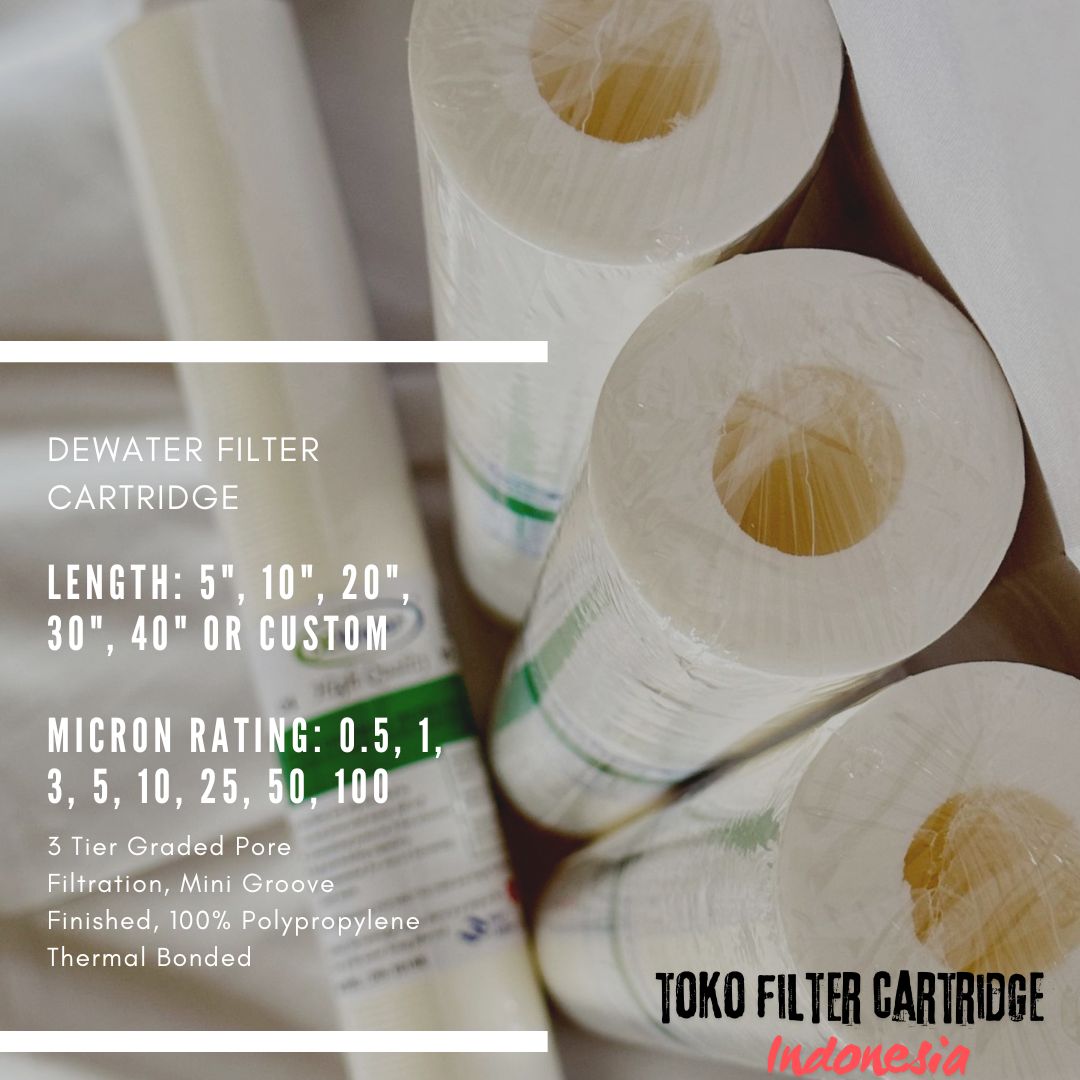 Jual Dewater Filter Cartridge Industri untuk penyaringan sedimen air. Tersedia pilihan micron dan ukuran tertentu untuk kebutuhan filter air dan pretreatment RO.